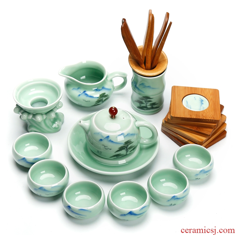 NiuRen ceramic tea set kung fu tea set household contracted celadon hand - made teapot teacup of a complete set of gift boxes