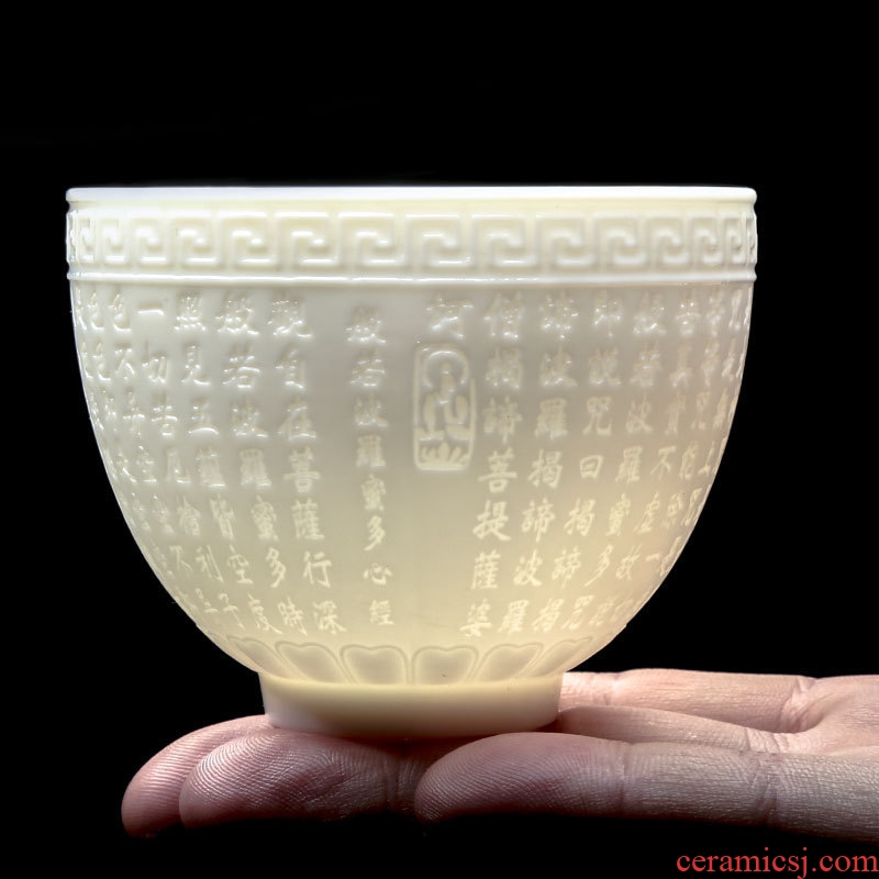 Dehua white porcelain teacup kung fu jade porcelain sample tea cup ceramic suet jade heart sutra master cup meditation cup large cup