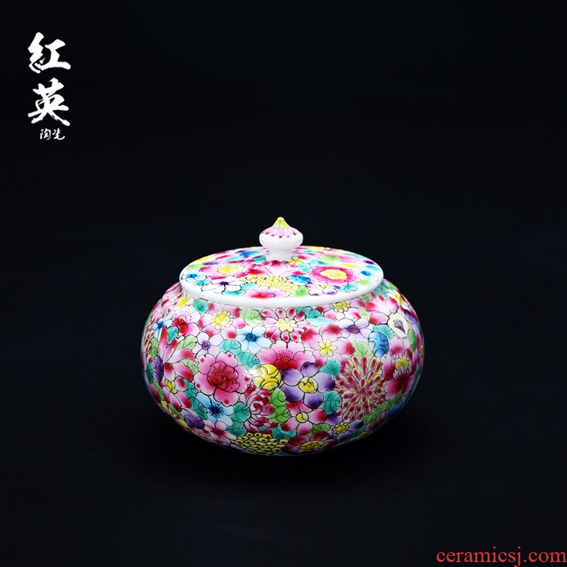 Red in the jingdezhen ceramic seal pot of tea warehouse enamel pastel color flower is hand - made storage tea pot