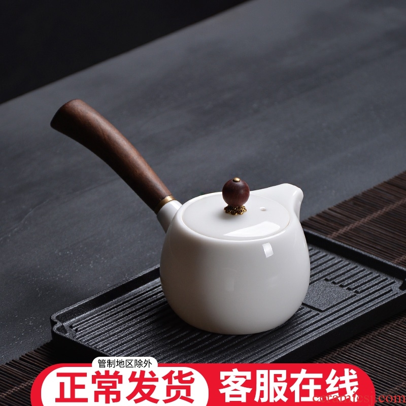 Solid wood side washing POTS, ceramic single household black tea tea POTS of tea filters small dehua white porcelain kung fu tea pot