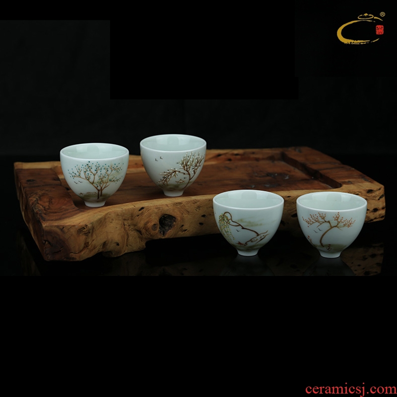 Jing DE and auspicious hand - made sample tea cup tea cup of jingdezhen blue and white porcelain is checking ceramic kung fu tea cups