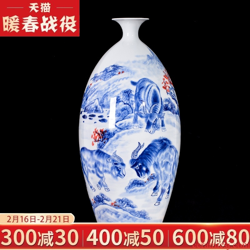Jingdezhen blue and white ceramics hand - made three Yang kaitai household of Chinese style rich ancient frame, the sitting room TV cabinet decorative furnishing articles
