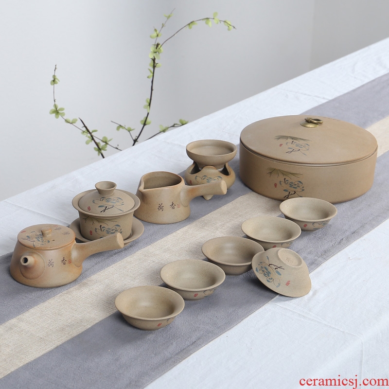Japanese rock, kung fu tea set office tureen side teapot teacup coarse pottery restoring ancient ways household ceramic tea set