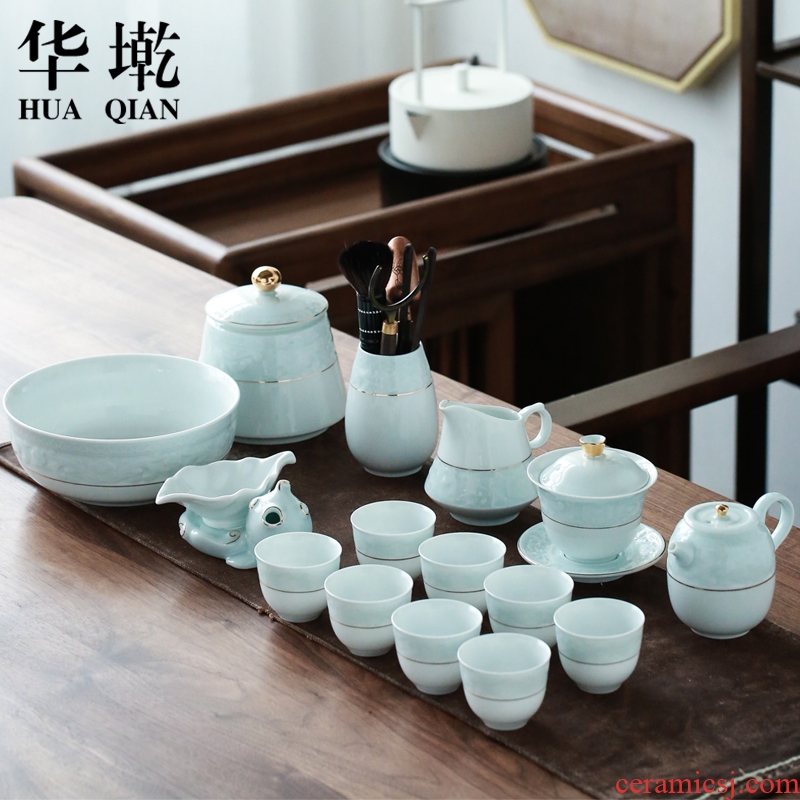 China Qian contracted jade porcelain kung fu tea set a complete set of hand - made paint tureen household longquan celadon tea set