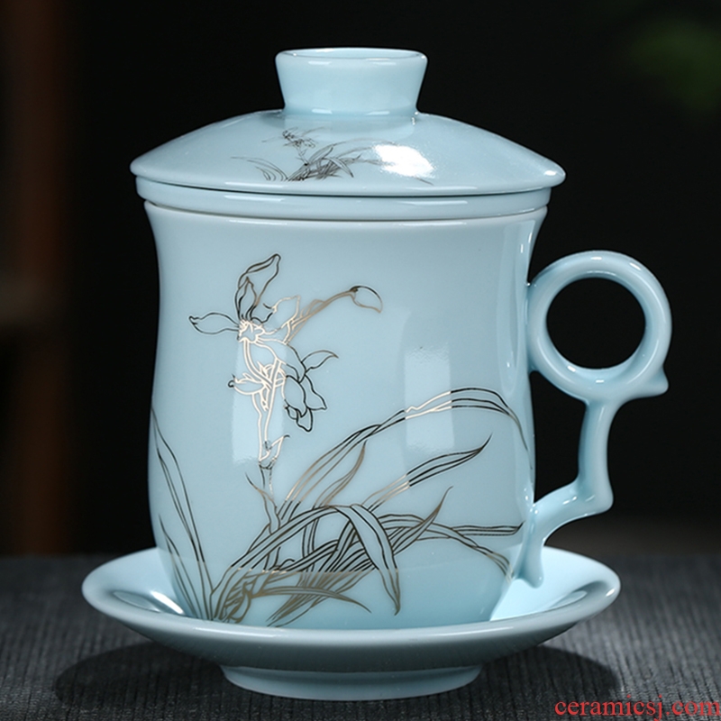 Jingdezhen ceramic filter cups with cover glass office personal cup tea celadon make tea cup set