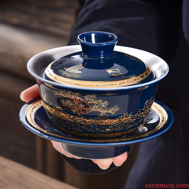 Jingdezhen porcelain enamel silver tureen sterling silver 999 kung fu tea tureen three cups to make tea to the bowl