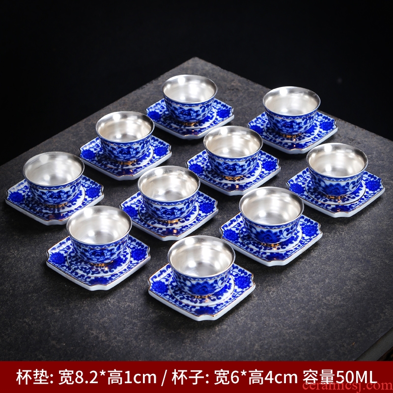 Jingdezhen 999 master cup silver cup silver checking ceramic household coppering. As single silver blue cup mat