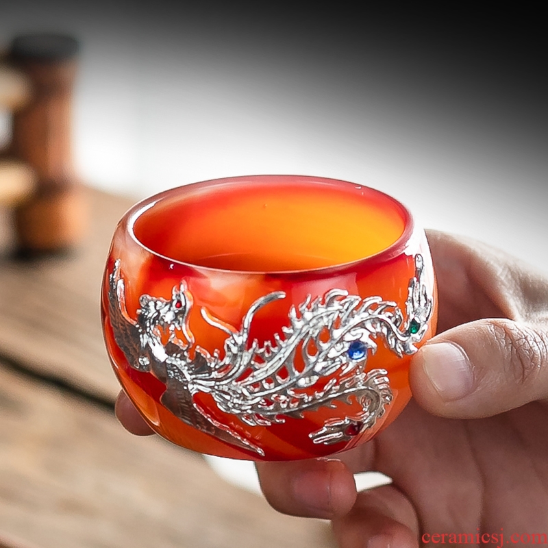 Onyx silver inlaid with jade porcelain teacup master cup single coloured glaze jade heat - resistant glass tea cup small tea light kung fu tea set