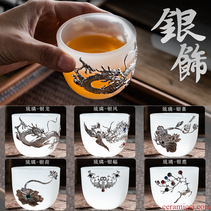 Silver bowl with white porcelain porcelain teacup large sample tea cup coloured glaze jade jade build master cup single CPU kung fu tea set