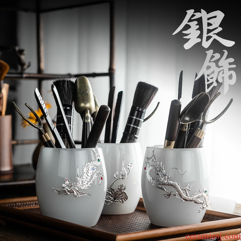 Coloured glaze jade porcelain tea six gentleman 's kung fu tea set copper fittings ChaGa silver heat - resistant glass tea spoon ChaZhen