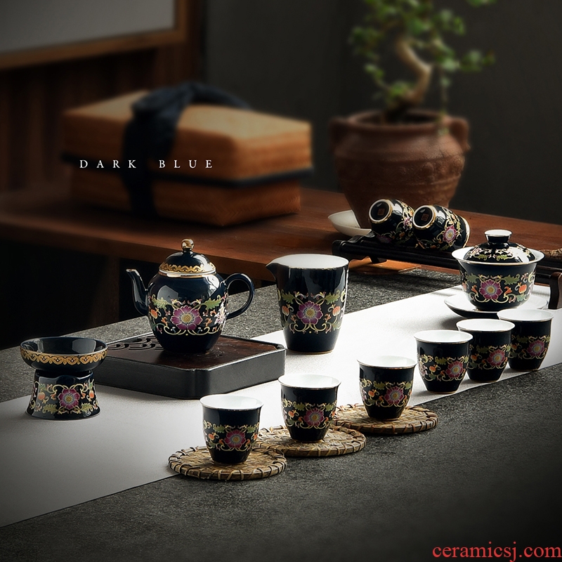 Artisan fairy high - grade tea set ceramic household pure manual European - style kung fu tea set lid bowl of a complete set of tea cups