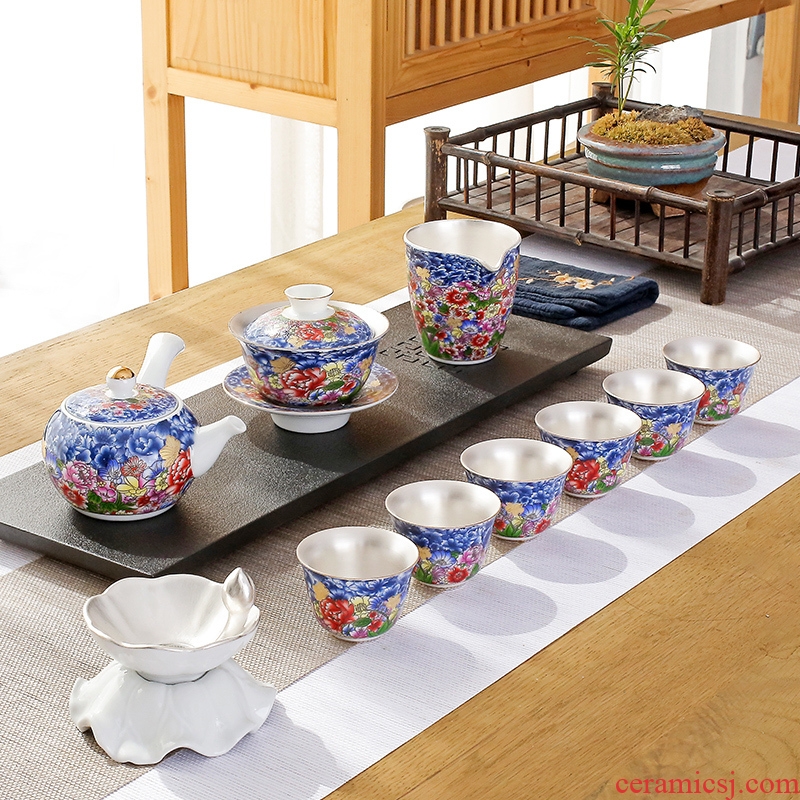 Jingdezhen porcelain enamel coppering. As silver tea set 999 sterling silver set special kung fu tea tureen household the teapot
