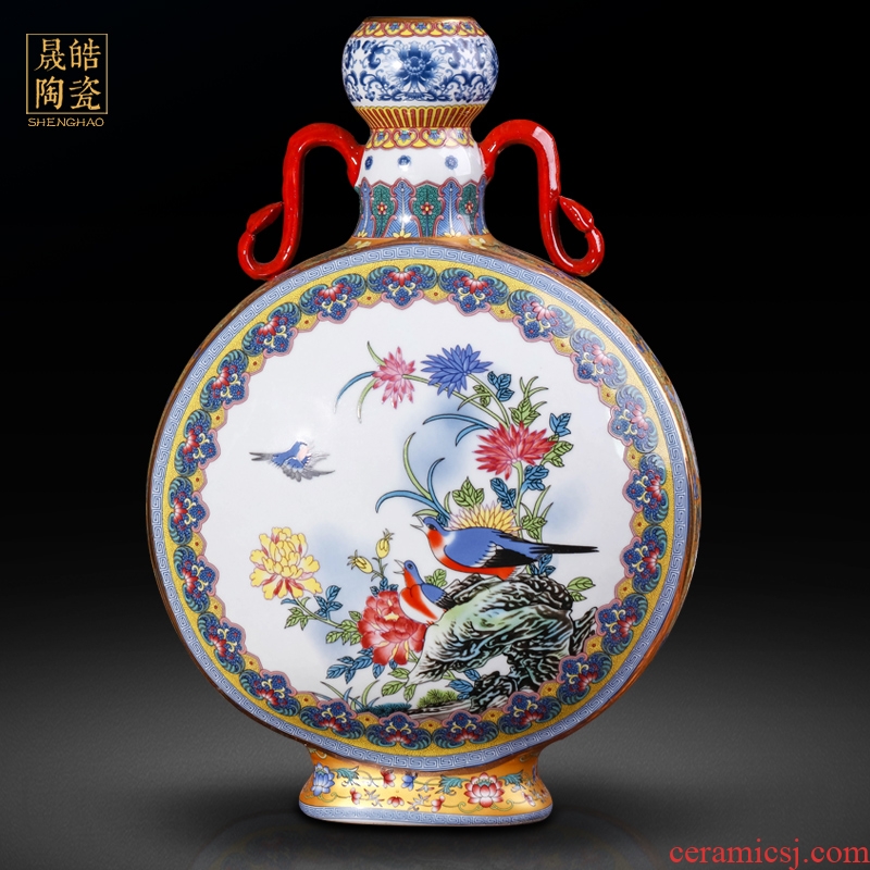 Jingdezhen ceramics vase imitation the qing qianlong ears powder enamel double gut BaoYue bottle imitation antique furnishing articles