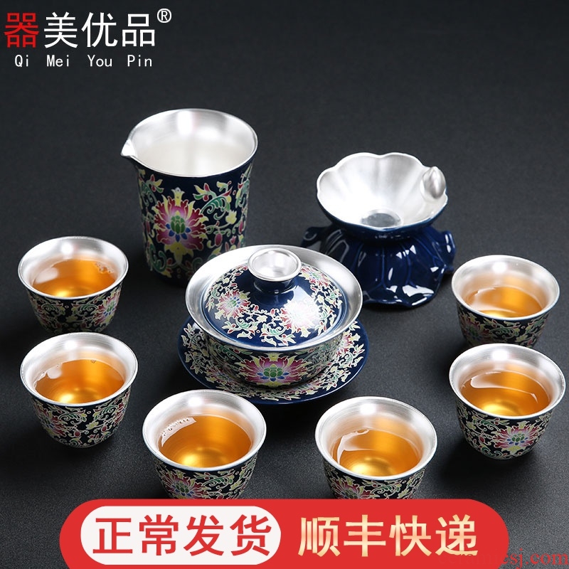 Implement the superior jingdezhen colored enamel kung fu tea set manually silver home office ceramic tea set