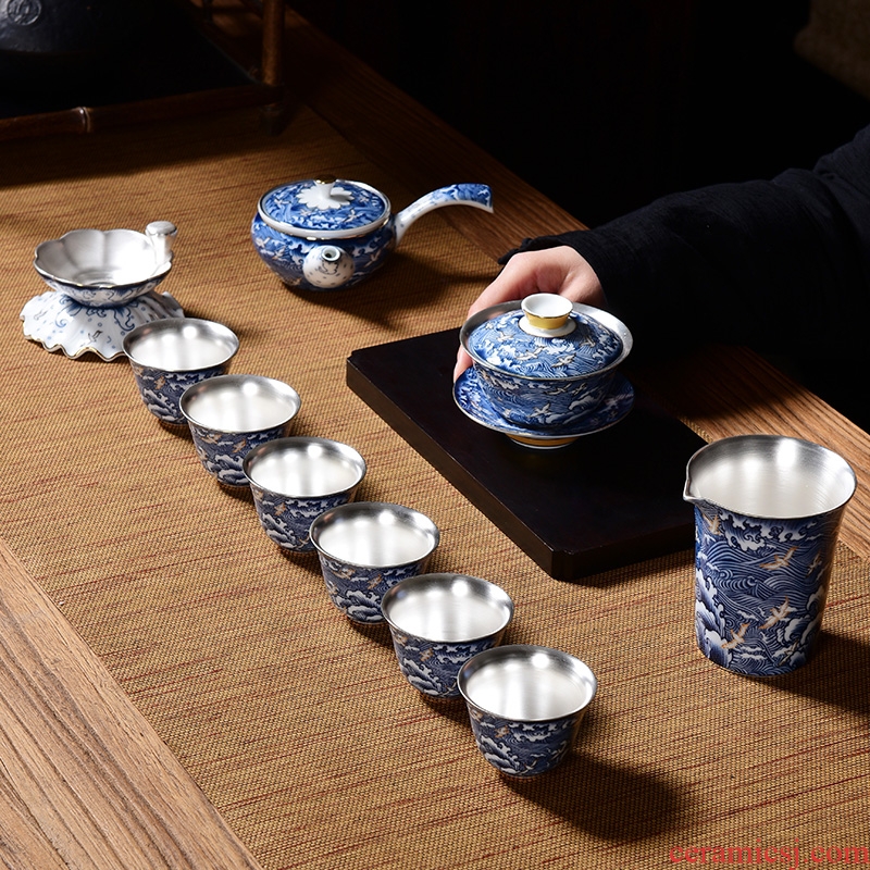 Jingdezhen blue and white porcelain enamel coppering. As silver tea set household ceramics kung fu tea tureen teapot gift boxes