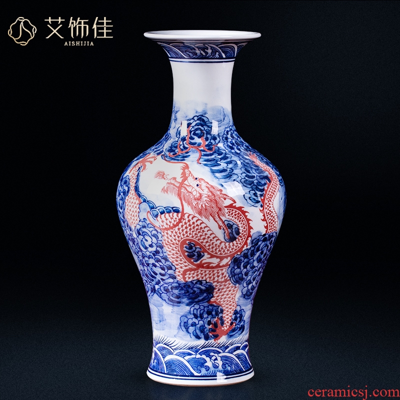 Jingdezhen ceramic antique blue and white porcelain vase youligong red dragon grain home sitting room adornment handicraft furnishing articles study