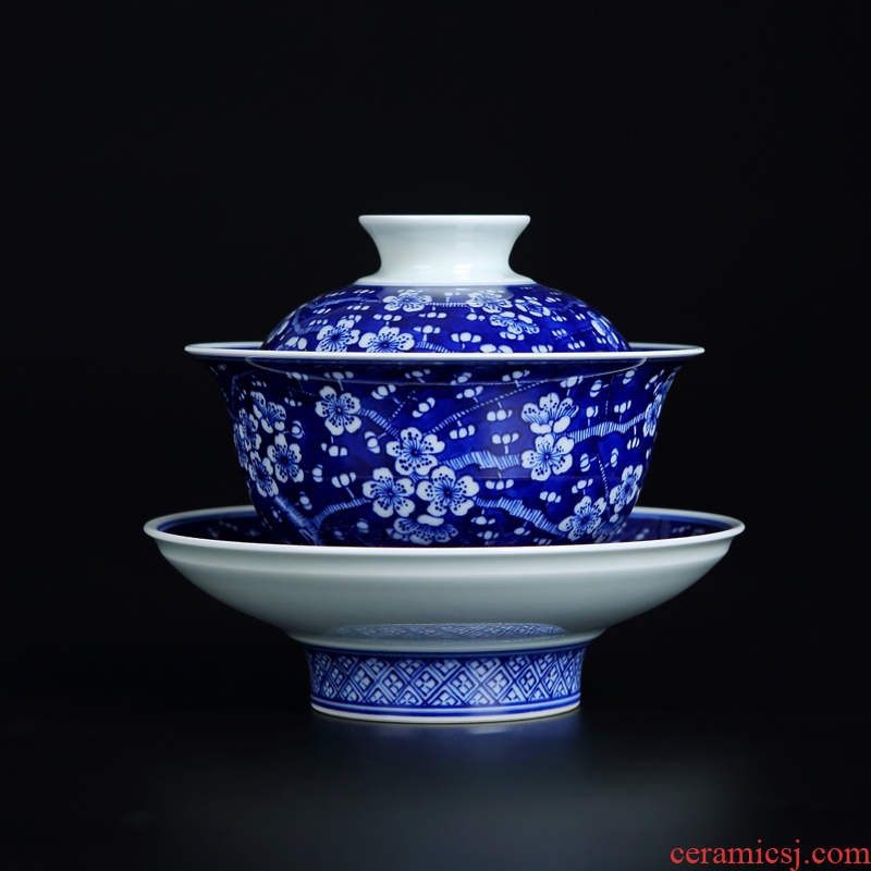Jingdezhen blue and white hand - made ceramic ice MeiWen tureen tea cups a single large tea cup hot kung fu tea set