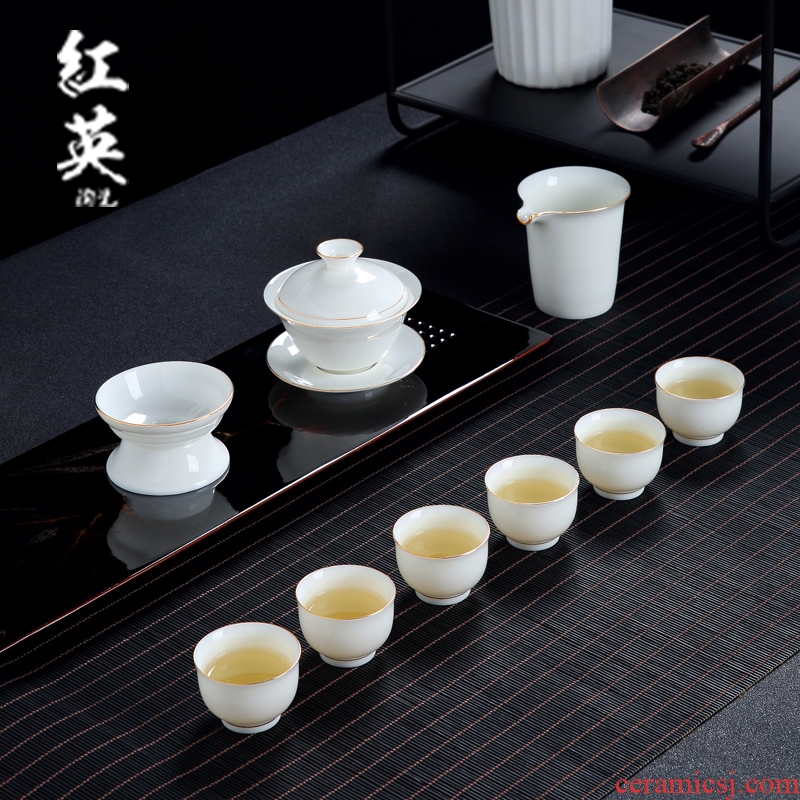 Jingdezhen ceramic kung fu tea set suit household contracted thin foetus fuels the jade white porcelain of a complete set of three tureen tea cups