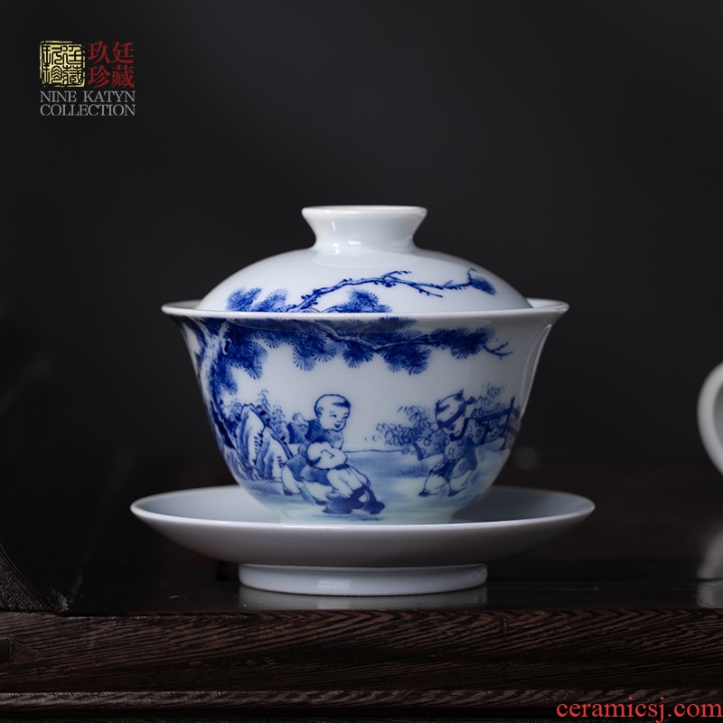 About Nine katyn checking ceramic tureen jingdezhen blue and white only three hand - made single bowl bowl of tea cup small kung fu tea set