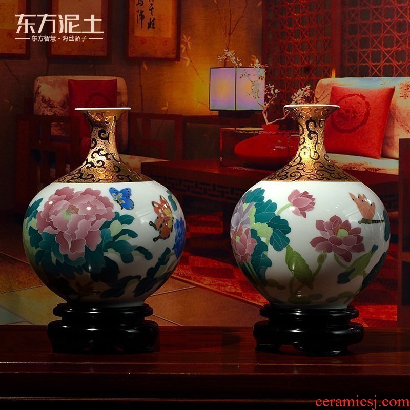 Oriental soil hand - made ceramic vase furnishing articles flower arranging creative Chinese housewarming gift/gold plated small bottle