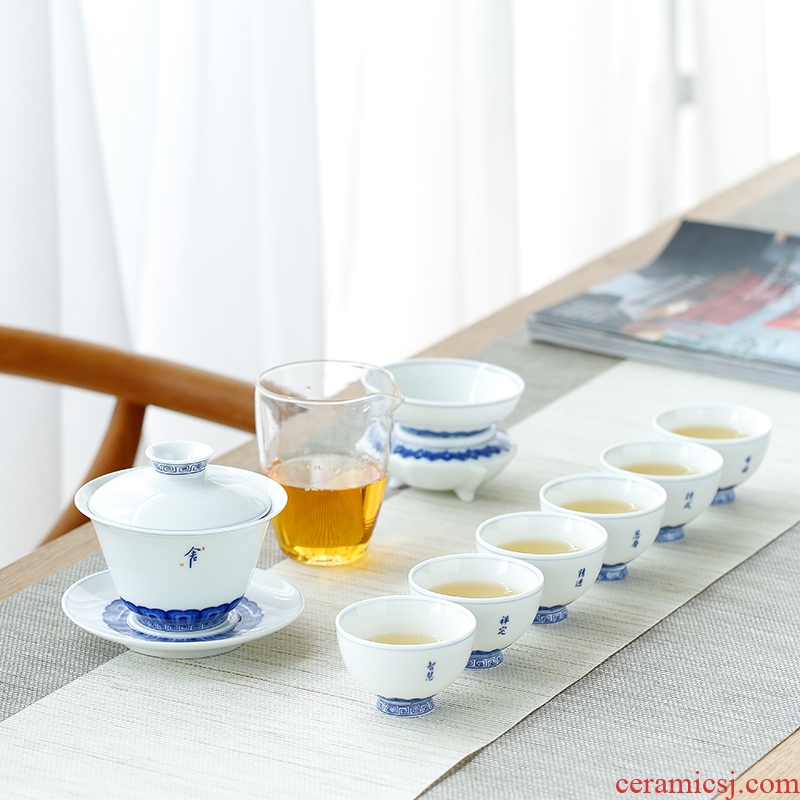 Tang Yan, a complete set of handwritten xuan wen fang ceramics jingdezhen porcelain kung fu tea set household tureen glass tea cup