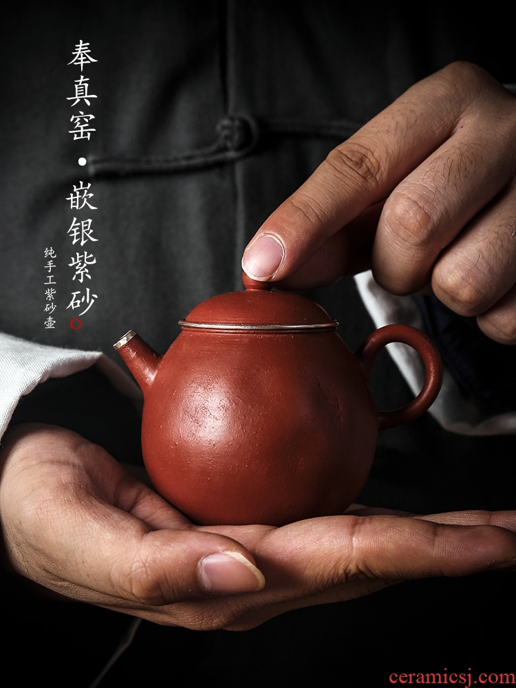 Jingdezhen in true up with antique silver inlaid it little teapot single small checking Chinese kung fu tea