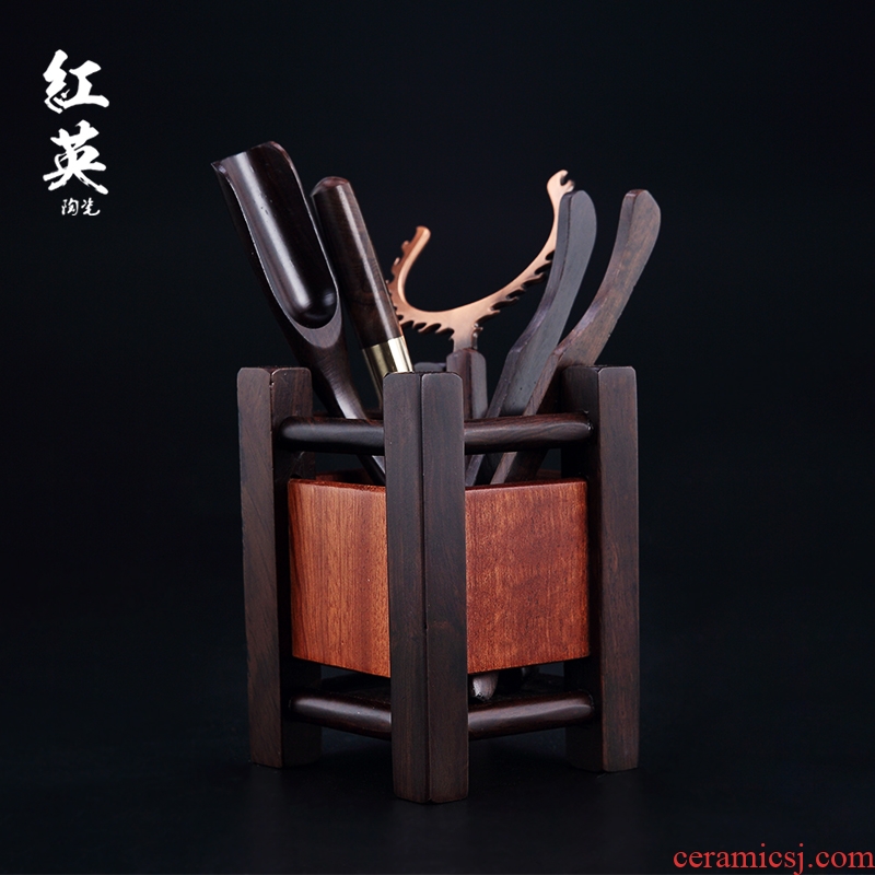 Hongying ceramic kung fu tea set with parts ebony tea six gentleman 's real wood ChaZhen ChaGa teaspoons suits for CPU fork