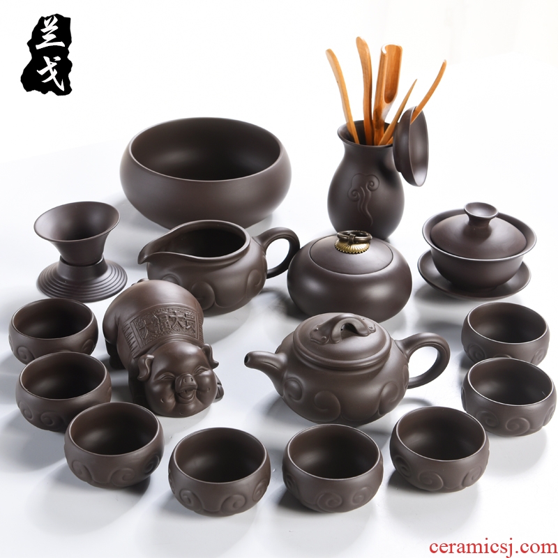 Having yixing purple sand kung fu tea set suit household accessories undressed ore old xi shi purple clay pot of ceramic cup teapot