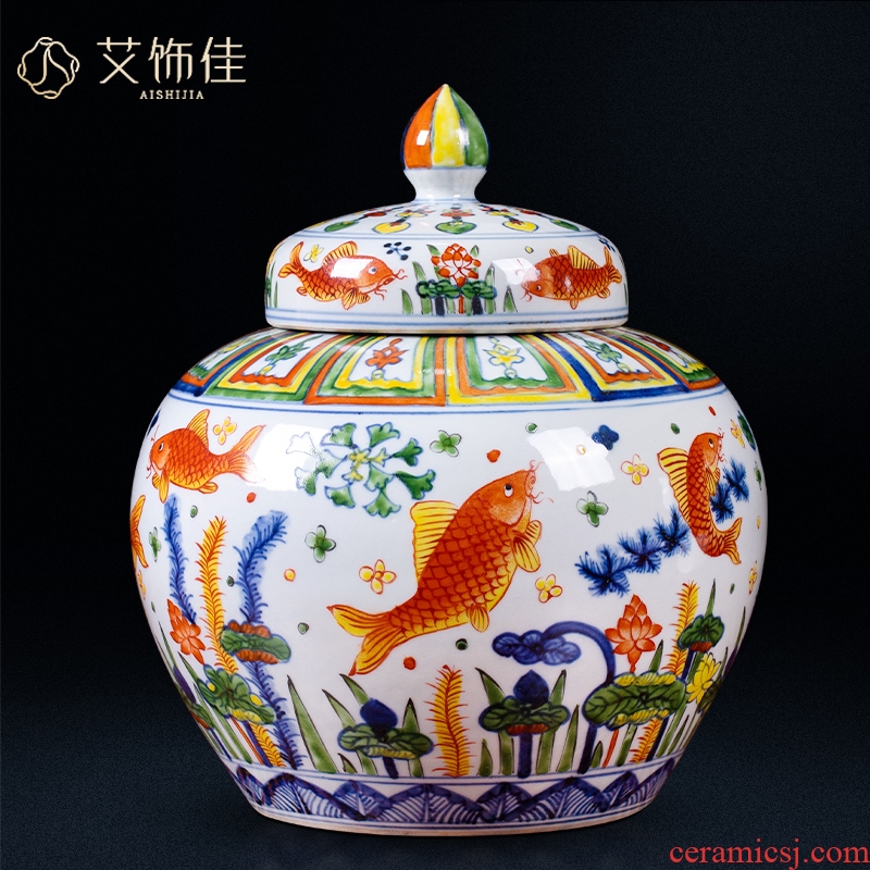 Jingdezhen ceramic antique blue - and - white, colorful fish and algae grain caddy fixings storage tank house sitting room study collect furnishing articles