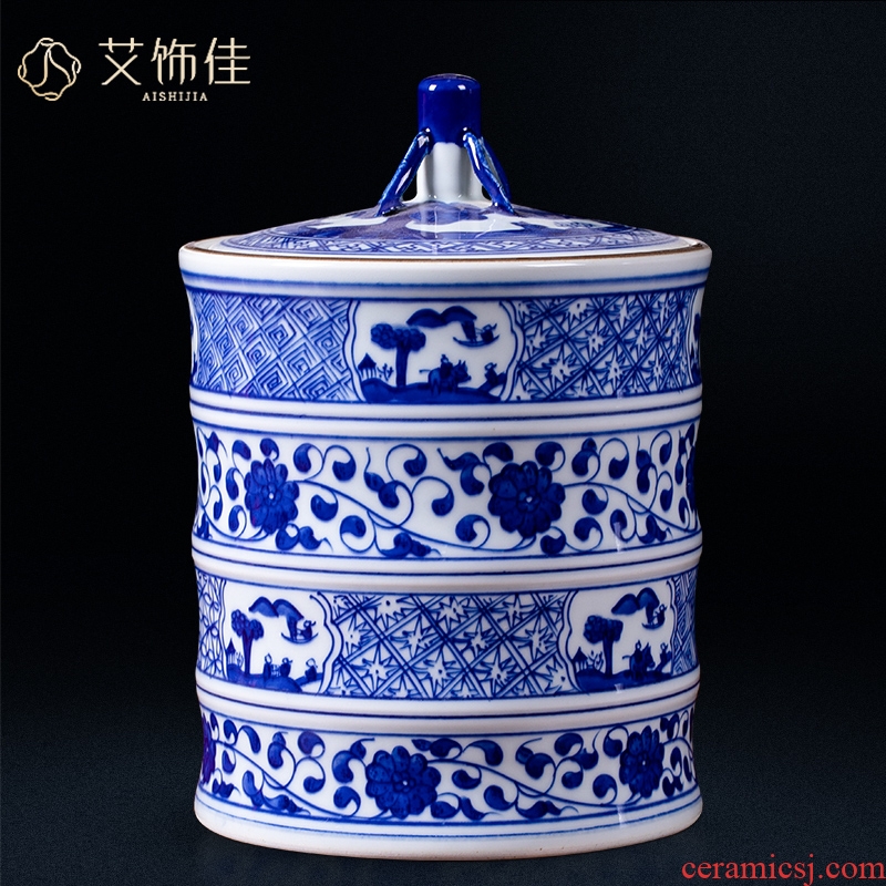 Blue and white porcelain of jingdezhen ceramics storage tank with cover caddy fixings archaize sitting room of Chinese style household TV ark, furnishing articles