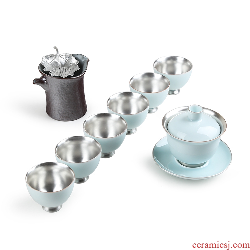 Ceramic celadon silver tea set sterling silver 999 authentic kung fu tea tea tureen of a complete set of the home office