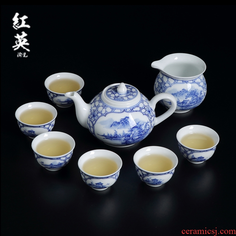 Jingdezhen ceramic kung fu tea set home sitting room hand teapot small Chinese blue and white porcelain tea cups