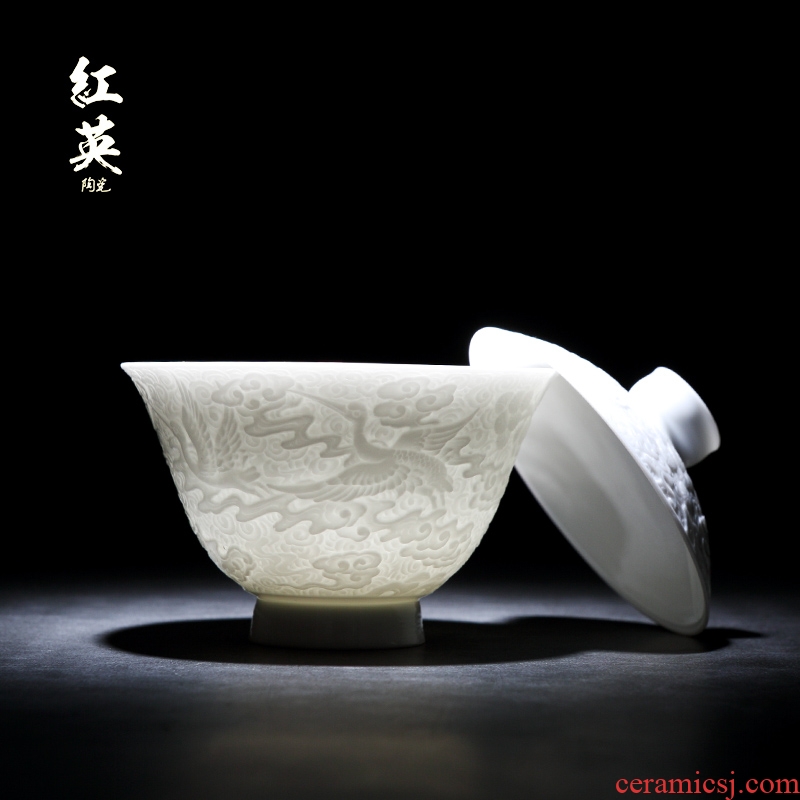 Red the jingdezhen ceramic reliefs kung fu tea set suits for domestic large tea bowl three white porcelain tureen tea cups