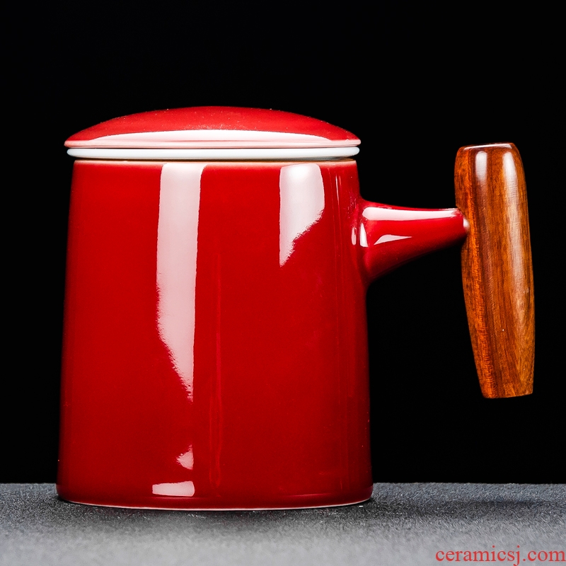 NiuRen ceramic cups with cover solid wood handle keller office belt filter contracted individual glass tea cup
