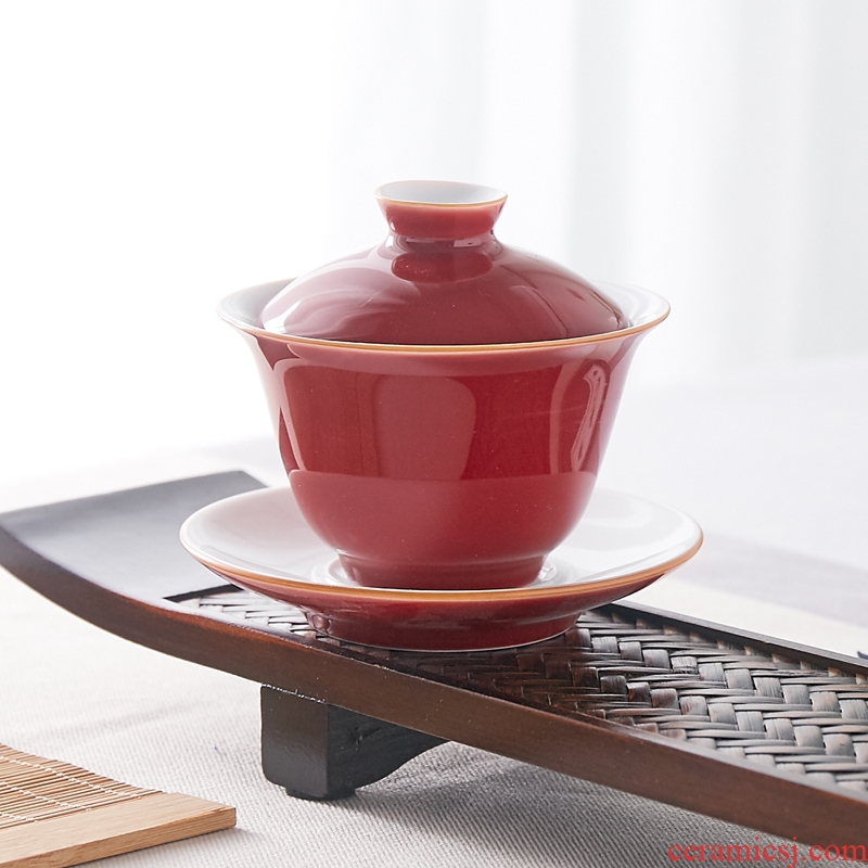 Jingdezhen offering pure color red sweet white ji blue high temperature glaze kung fu tea tureen ceramic cups three bowls