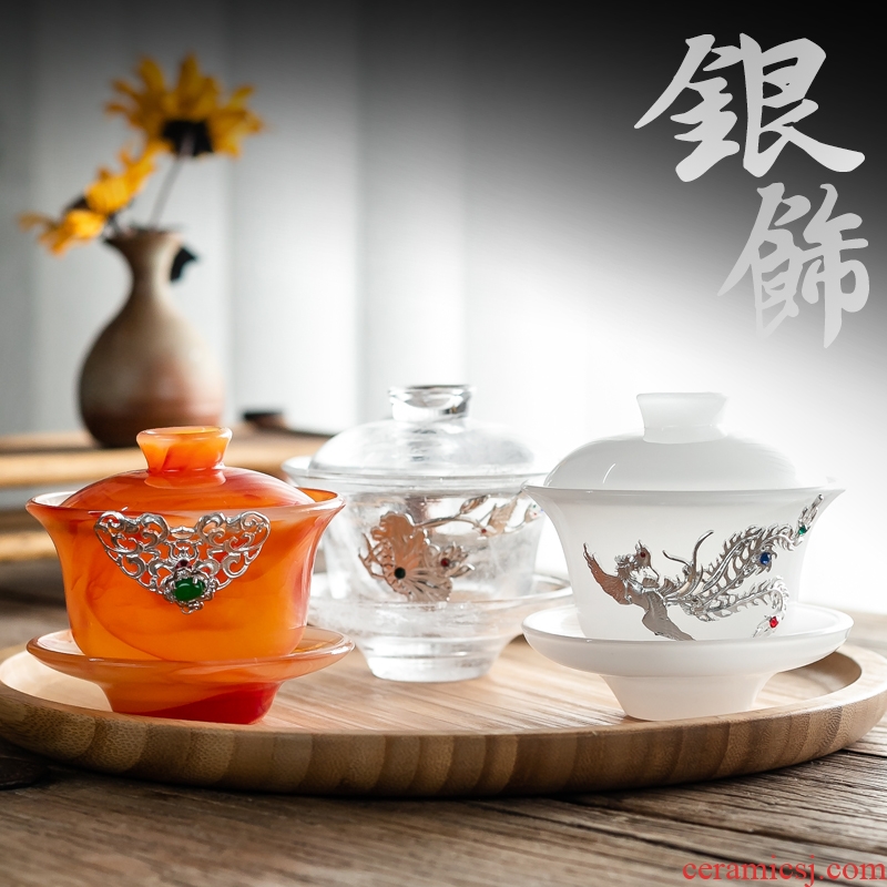 Set the vermillion agate jade porcelain tureen three big bowl tea saucer only heat - resistant glass colored glaze kung fu tea accessories