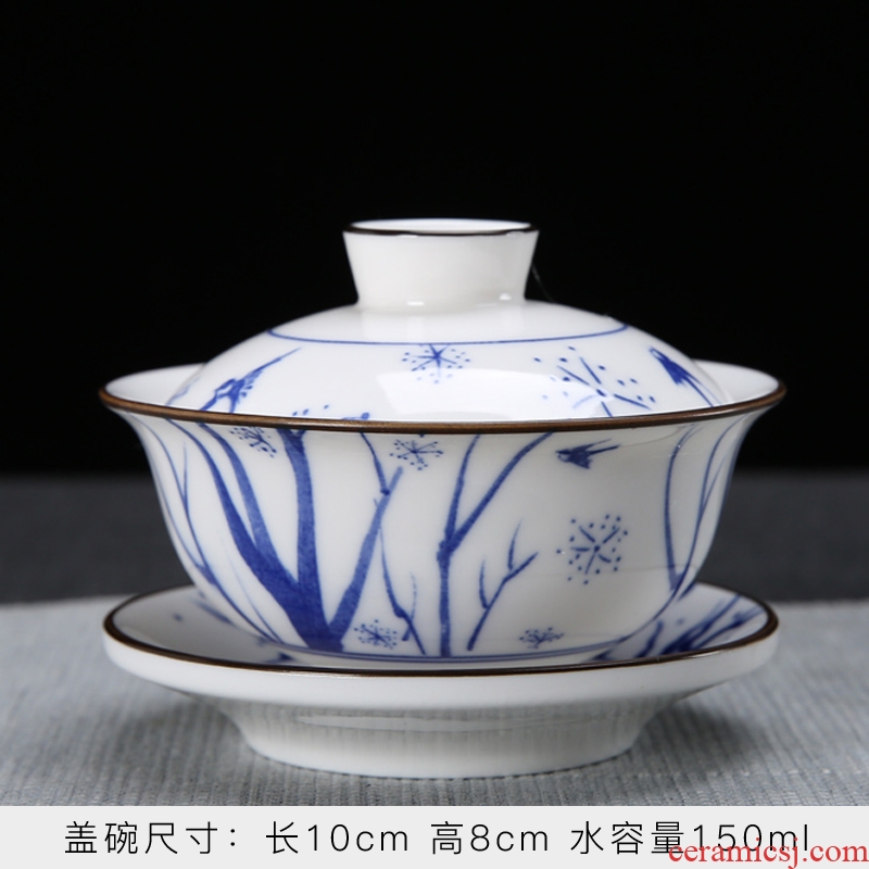 Suet jade porcelain kung fu tea set household pad printing tureen contracted tea bowl three tureen single bowl of tea strainer