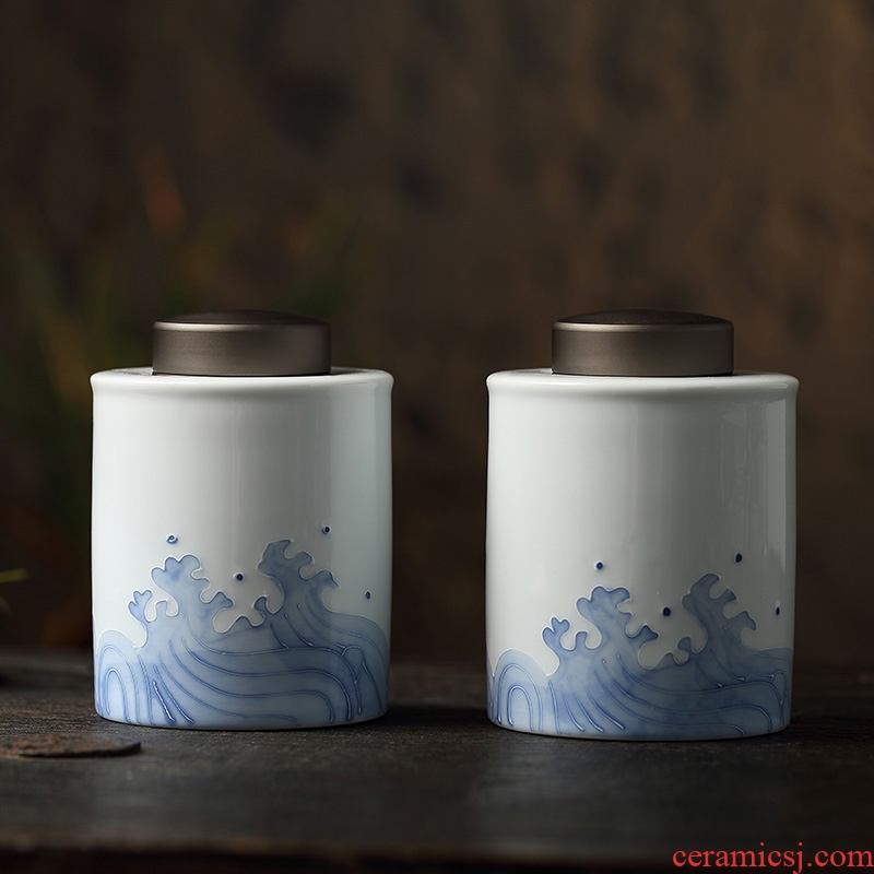 Jingdezhen hand - made ceramic tea caddy fixings box of pu 'er tea warehouse travel can suit sealed as cans household gift boxes