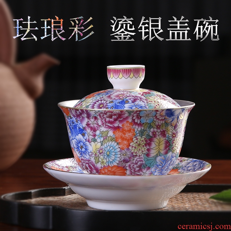 Jingdezhen tea set porcelain enamel silver tureen 999 sterling silver tureen kung fu tea bowl cups of household
