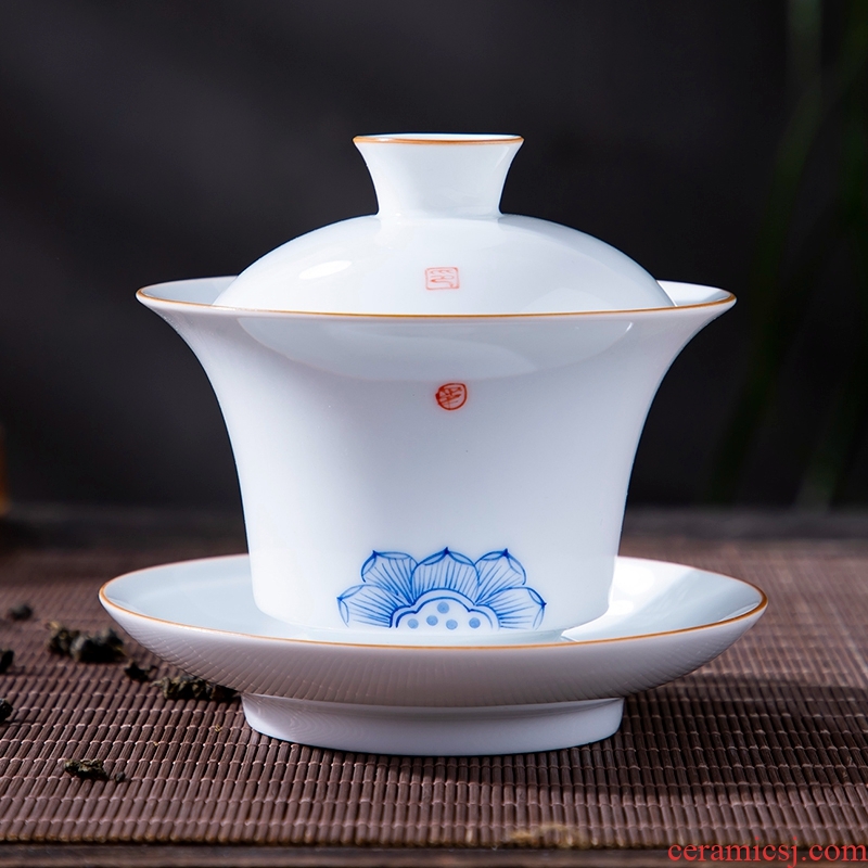 Jingdezhen blue and white porcelain tureen ceramic cups kung fu tea set only three cups of tea to use hand grasp the teapot