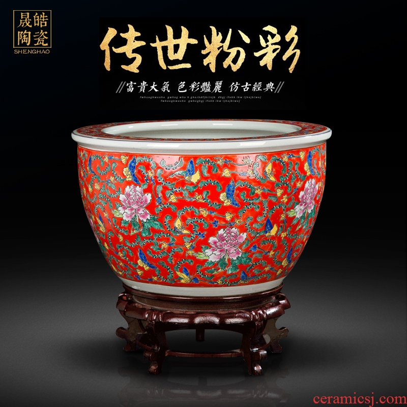 Jingdezhen antique hand - made ceramic powder enamel cylinder tank koi cylinder Chinese style living room a study place feng shui to plant trees