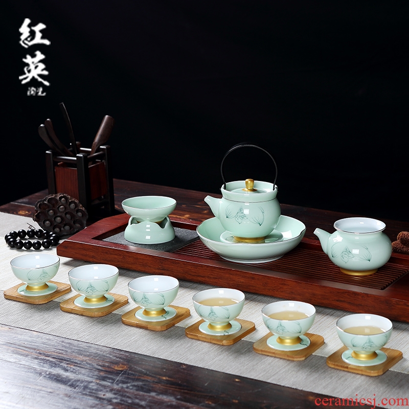 Red the jingdezhen ceramic celadon kung fu tea set household contracted teapot tea cups with pot bearing