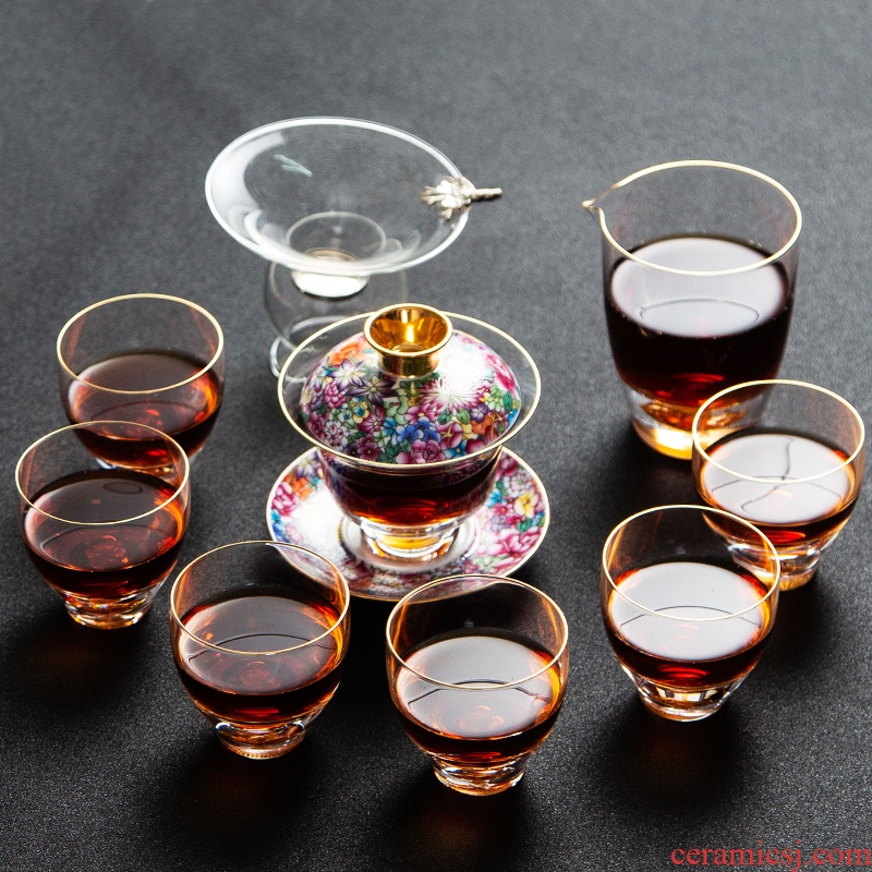 NiuRen colored enamel glass tea set of household ceramic kung fu tea set heat - resisting teapot gold foil of a complete set of tea cups