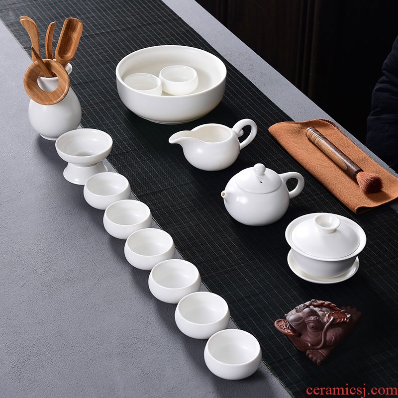 Laugh, dehua white porcelain tea set household up kung fu tea set a complete set of ceramic teapot tea cups