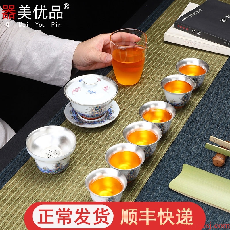 Implement the superior ceramic coppering. As silver kung fu tea set jingdezhen gold colored enamel tureen silver cup gift boxes