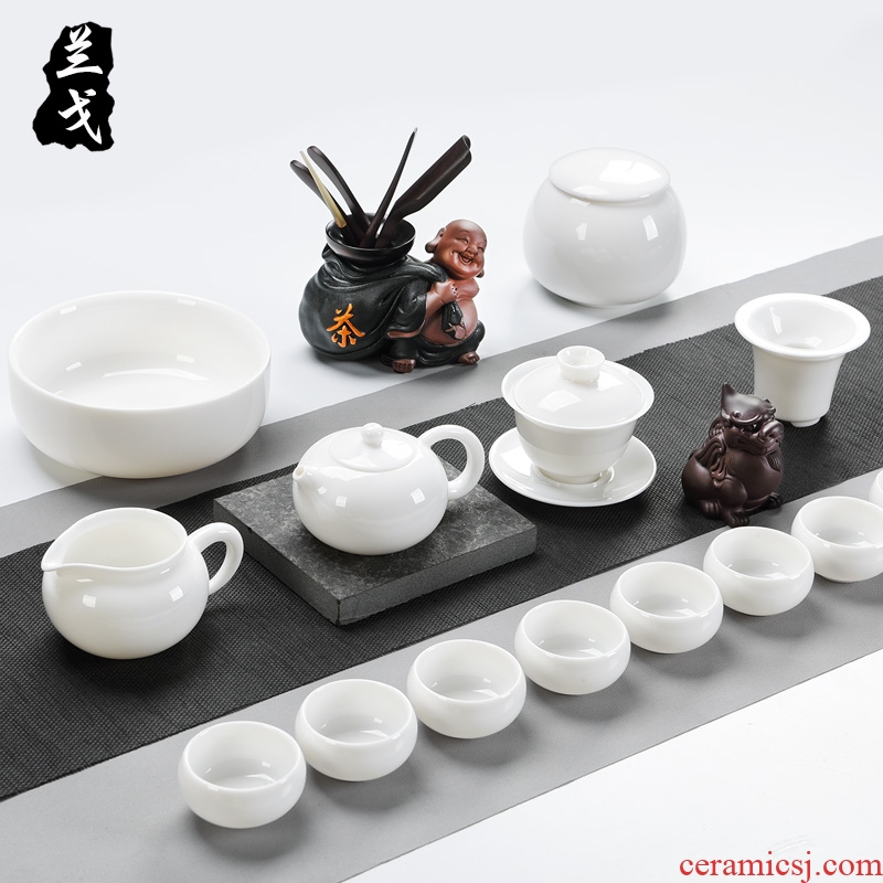 Having suet jade porcelain kung fu tea set suit household dehua white porcelain tea set teapot teacup of a complete set of accessories