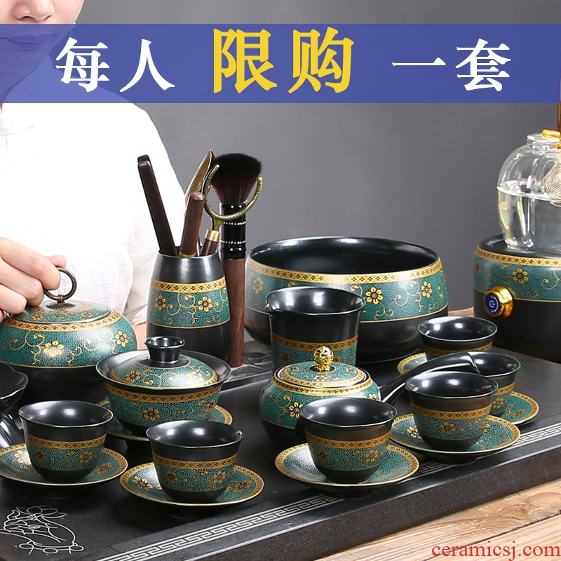 Vintage tea set ceramic checking kung fu tea set a complete set of domestic tea cups stone mill automatic teapot