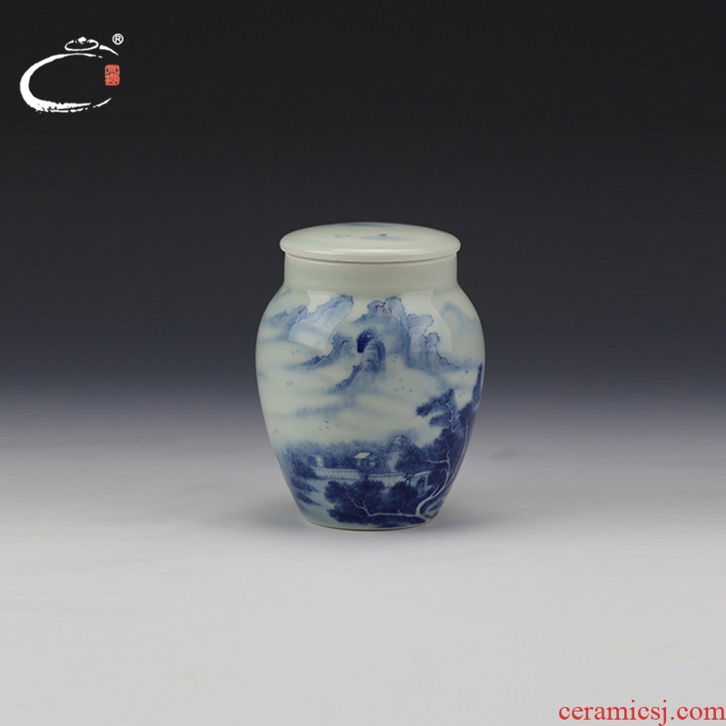 And auspicious jing DE collection jingdezhen blue And white caddy fixings master hand gift tea packaging storage tank