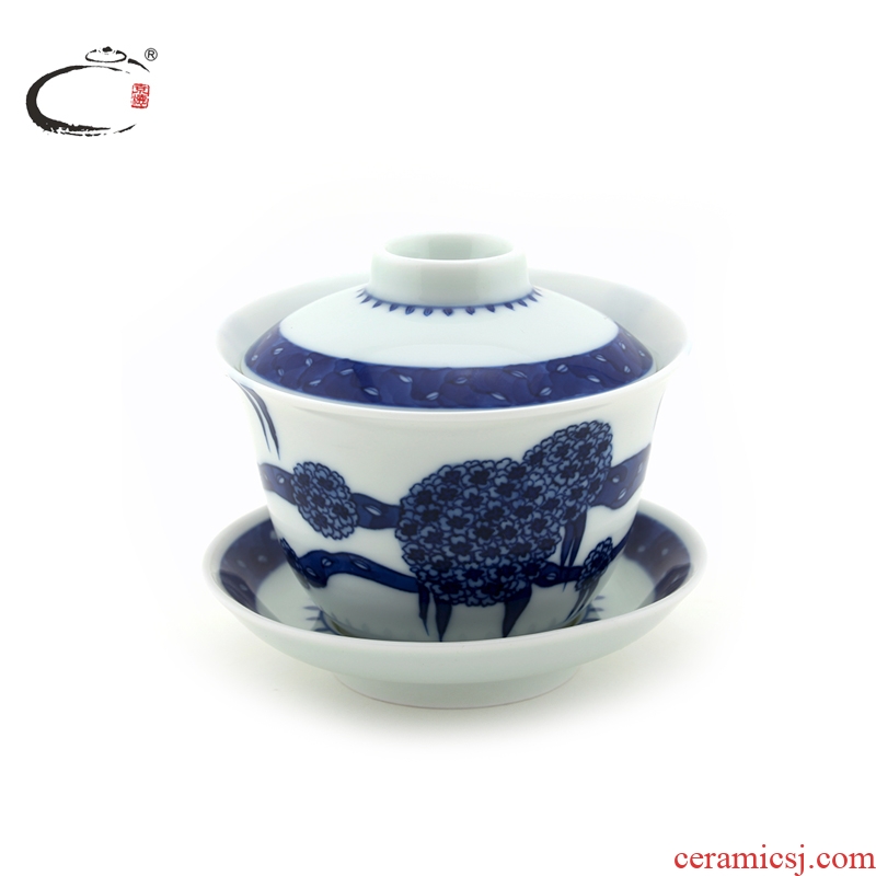 Jing DE and auspicious blue hydrangea tureen jingdezhen ceramic three big yards to medium bowl of kung fu tea set to use