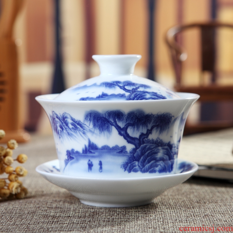 Three to make tea tureen of jingdezhen blue and white porcelain cup tea sets kung fu home Three fort cc 240 ml
